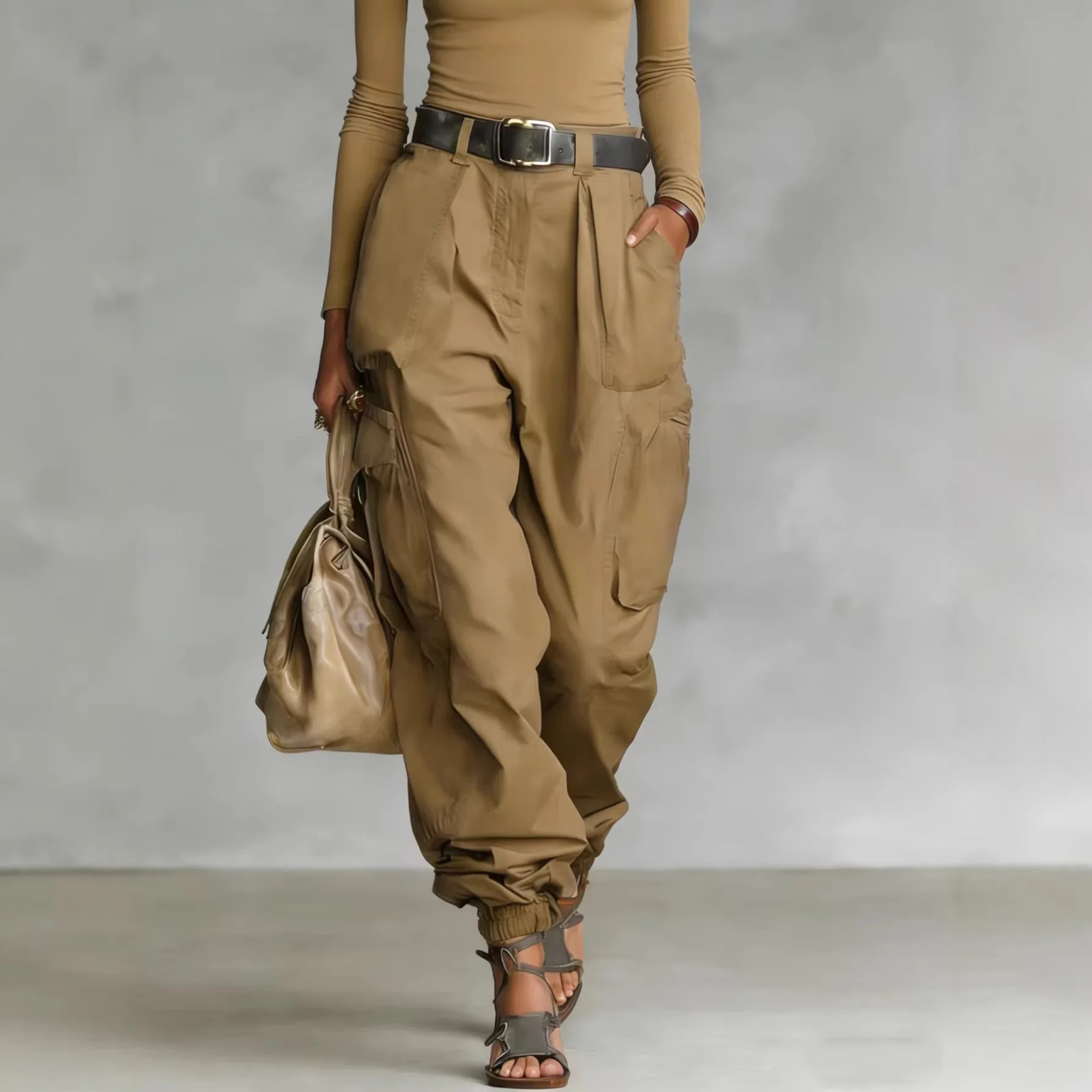 Women's Autumn Multi-functional Pocket High-Waisted Cargo Pants Loose Regular Thickness Trousers