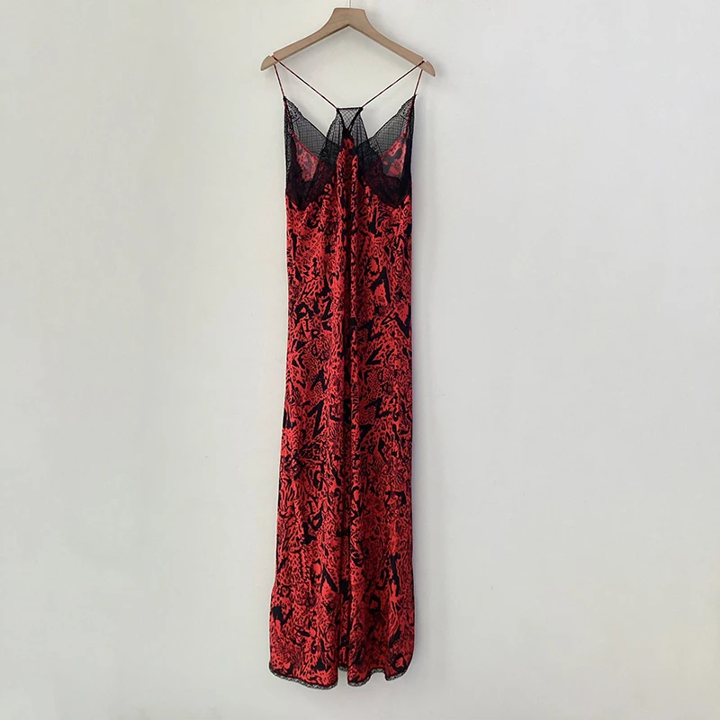 Zadig Summer Dress Woman Sexy Lace Splicing Halter Dresses Female Elegant Silk Sexy V-Neck Black Print Fashion Lady Red Robes