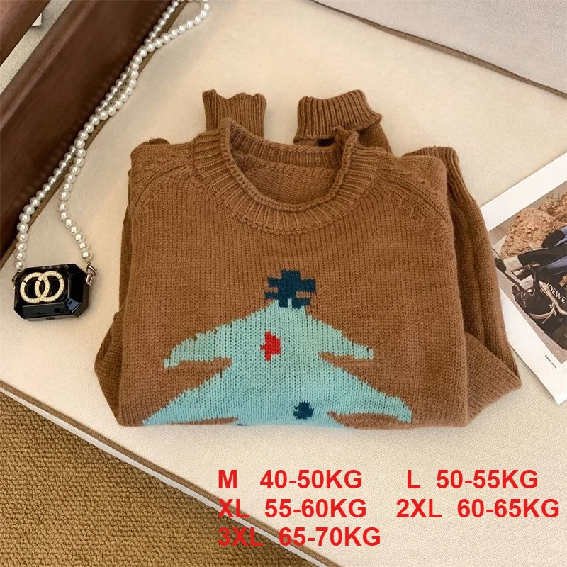 새로운 크리스마스 트리 캐주얼 스웨터 여성 인쇄 느슨한 캐주얼 뜨개질 풀오버 부드럽고 편안한 하프 하이 칼라 루즈 한 스웨터