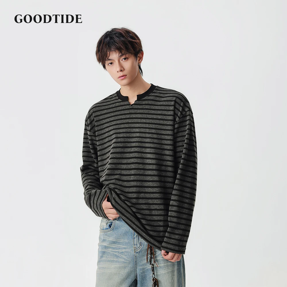 

Модная мужская повседневная футболка с длинным рукавом - 2022, весна-осень, полосатый узор, дизайн с вырезом на шее и свободный - удобный топ