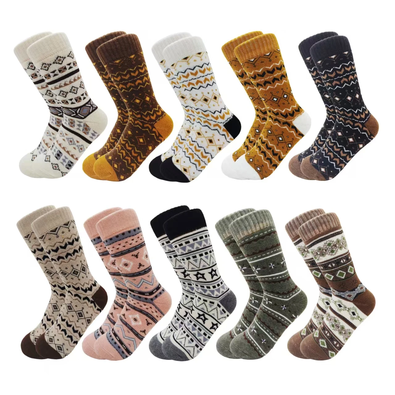 

10 Pairs of Geometric Pattern Mid-Calf Wool Socks