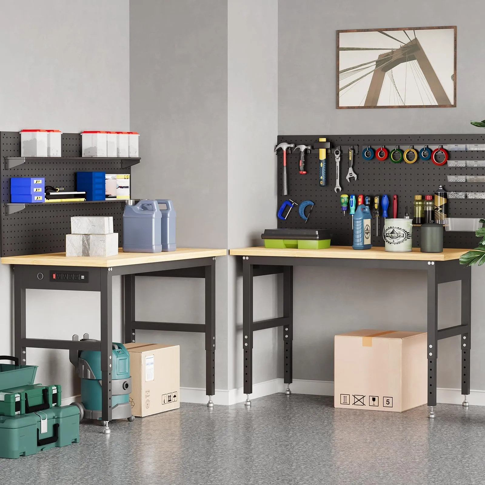 Bancada de Trabalho Ajustável de 60 Polegadas com Painel Perfurado, Mesa de Garagem com Capacidade de 2200lbs, Altura de 28-40 Polegadas