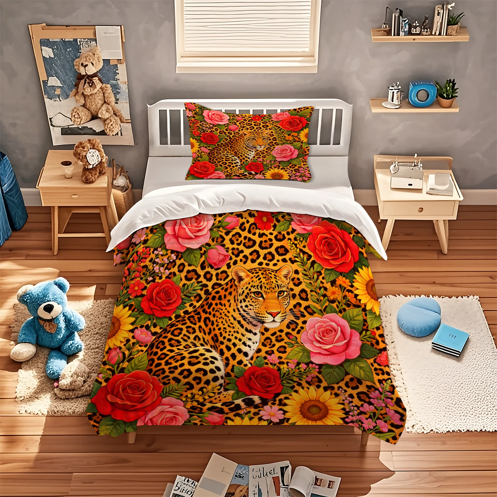 Leopard Floral Bedding Set Red Rose Sunflower Print Duvet Cover with Pillowcases Quilt Cover for Single Double Queen King Bed