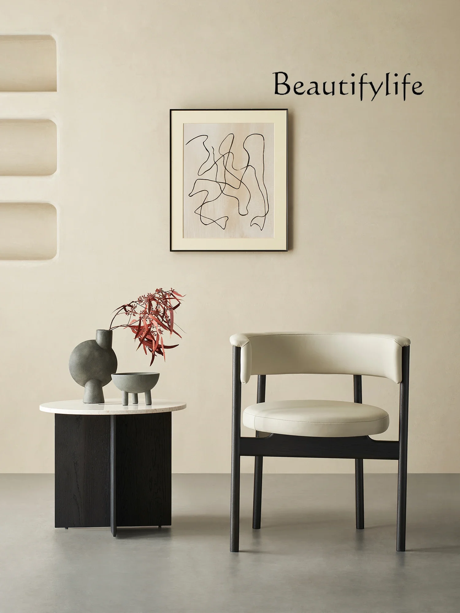 

Dining Chair Genuine Leather Solid Wood Silent Backrest Armrest Integrated Modern Minimalist Designer Study Chair