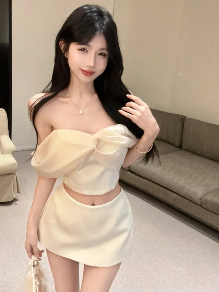 

Summer New Sexy Chinoiserie Set Dr Women's Ivory Pure Desire Knot Tube Top f Skirt Two Piece Set