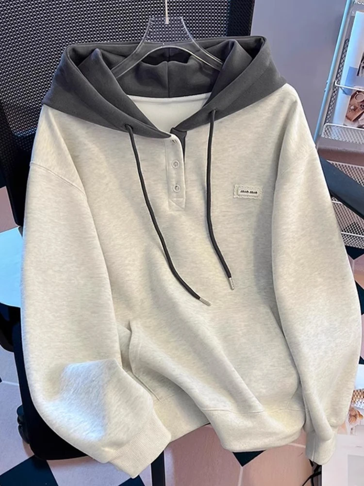Trendy Korean Style Loose Fit Slimming Single Button Contrast Color Hoodie Women Fall Winter Design Sense Long Sleeve Tops