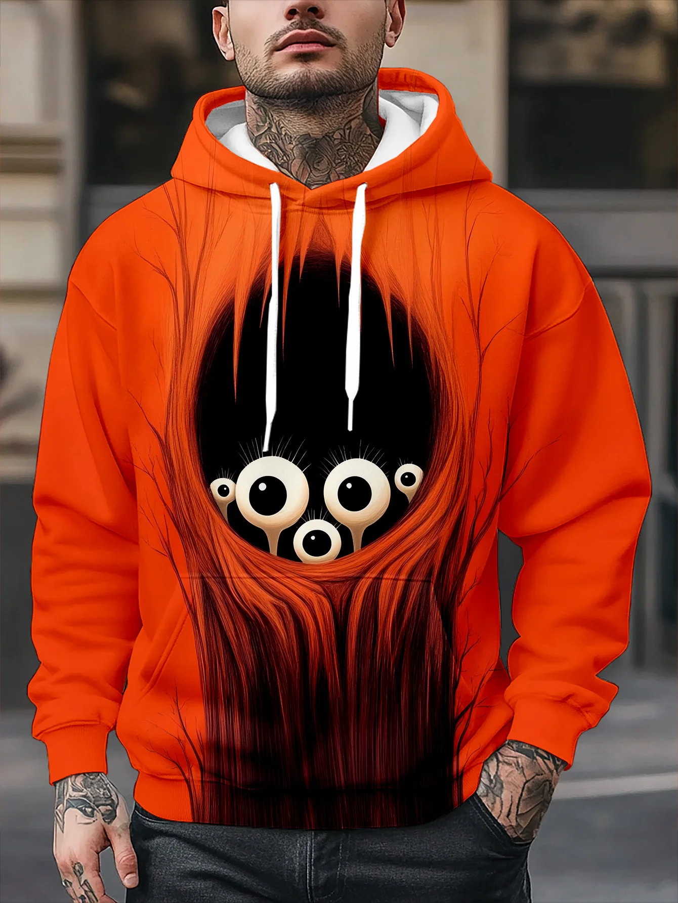 Orange Horror Multi-Eyed Monster Graphic Hoodie Halloween Casual Pullover