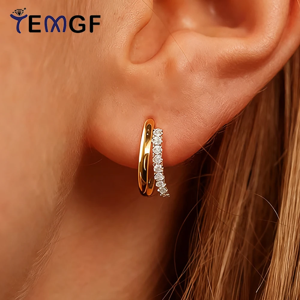 

TEMGF Full 1.2mm Moissanite Earrings Classic Two Hoop Ear Studs for Women Sparkling Jewelry 925 Sterling Silver Plated 18K Gold