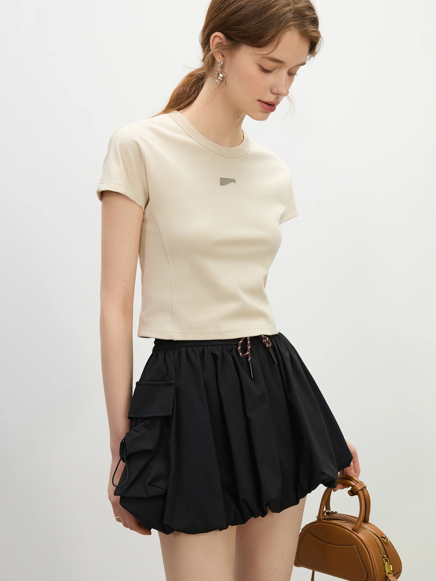 FSLE 2025 Summer Women's Structured Sun-Resistant Top - Slim Fit Cropped Tee & Breathable Round Neck T-Shirts 25FS12007