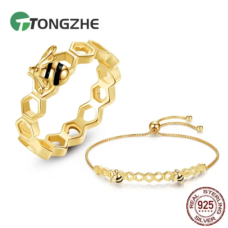 

TONGZHE Designer Jewelry Luxury Bee Honeycomb Bracelet Rings For Women Men Fashion Gifts For Women Yellow Gold Jewelry Sets