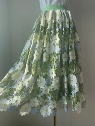 JIAMI-Saia floral de renda luxuosa bordada oca para mulher, saia bainha vintage grande, festa elegante, roupa de fada, verde, alta qualidade