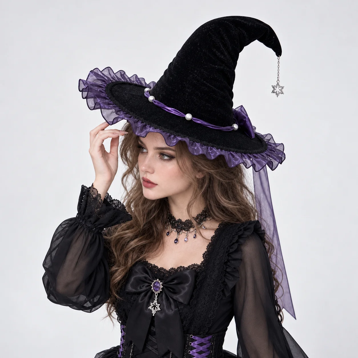 Halloween Witch Hat Black Purple Bow Gothic Lolita Wizard Cap for Women Girls Cosplay Costume Party Masquerade Festival Dress