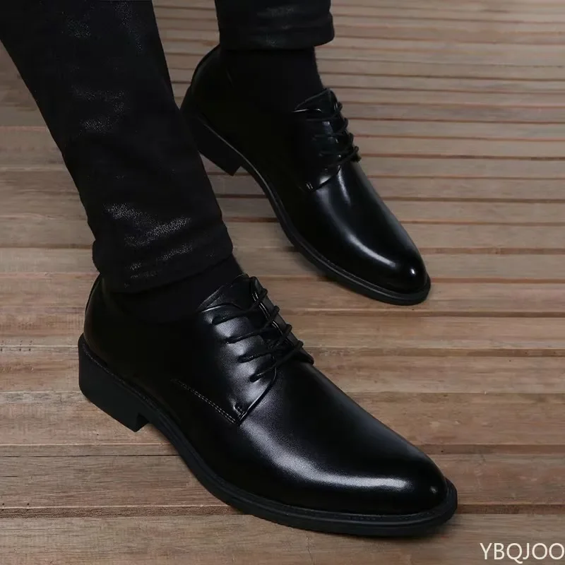 Breathable Lace Up Groom Wedding Shoes Men\'s Leather Shoe British Business Dress Pointe Toe Heigh Increasing Insole Non-Slip man