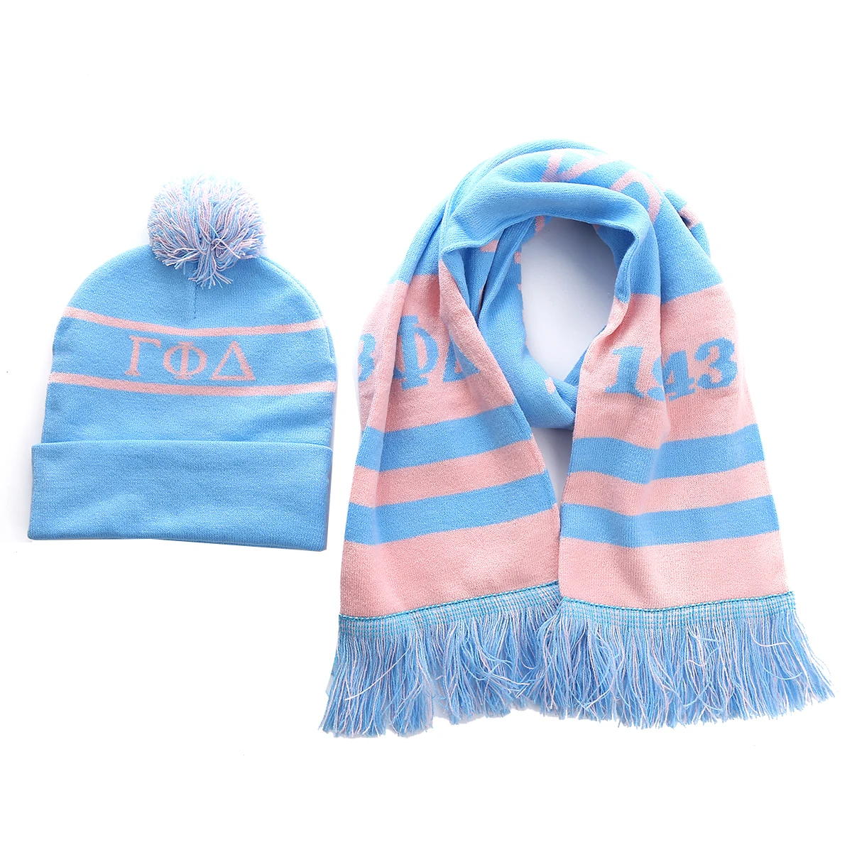 Conjunto de gorro y bufanda con letras griegas para mujer, color rosa claro, azul Club, Sorority Since 1943, Gamma Phi Delta