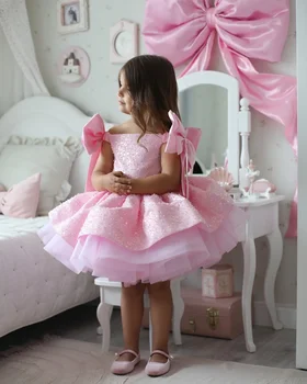 Vestido de menina flor rosa personalizado, para casamento, lantejoulas, miçangas com laço, festa de aniversário infantil, primeira comunhão, vestidos de baile