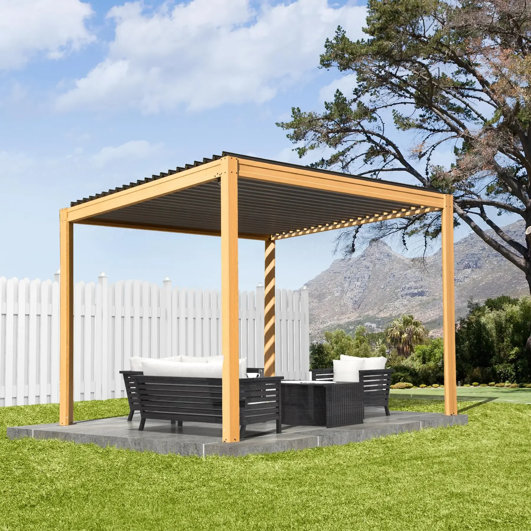 ！@！@Wood Grain Adjustable Aluminum Frame Pergola with Steel Roof Louvered Outdoor Rainproof Canopy for Garden Lawn