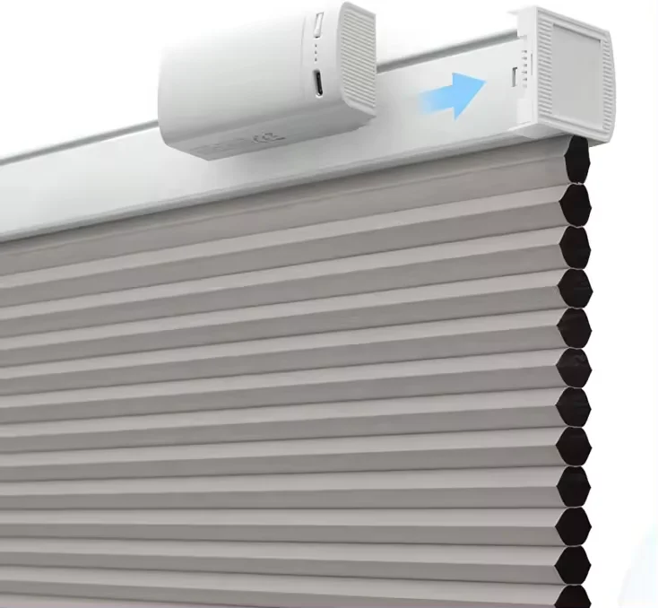 

Custom-made Sunroad Smart Top-Down No-Drill Double Cellular Shades, Motorized Fabric, Vertical Pattern, French Windows