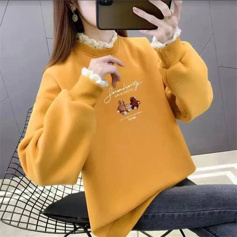 

Spring Autumn Women's Sweatshirts Coat Women Long Sleeve Casual Hoodies Large Size Loose Sweatshirt Female Lace Thin Tops 4XL