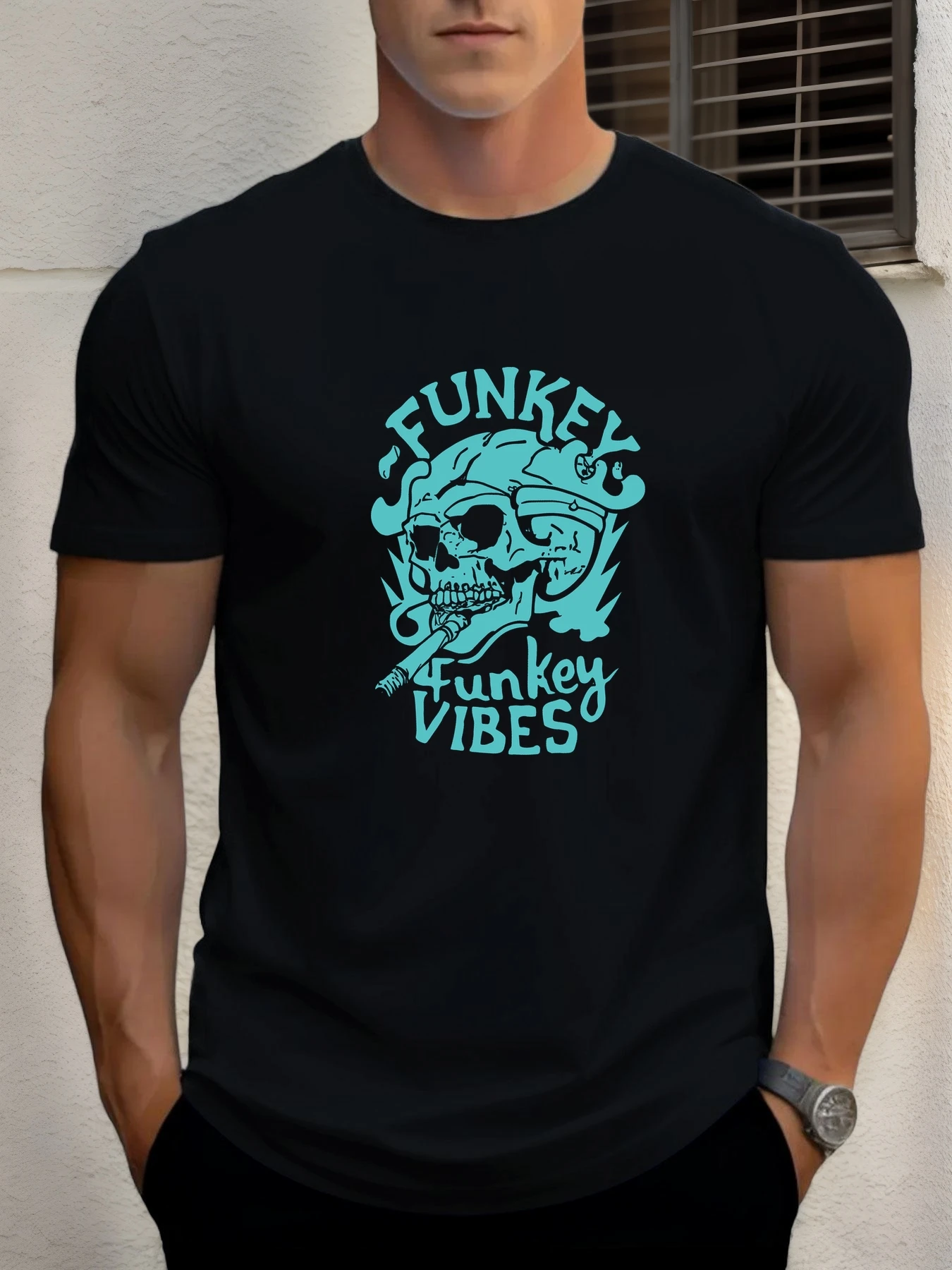 

Funkey Vibes Skull Graphic T-Shirt Men 100% Cotton Round Neck Retro Summer Casual Breathable Streetwear Top
