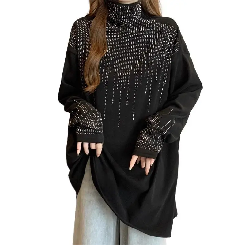 Autumn Winter New Women Black Diamonds Long Sleeve T-Shirts Turtleneck Fashion Bottoming Shirt Elastic Plus Fleece Thermal Tops