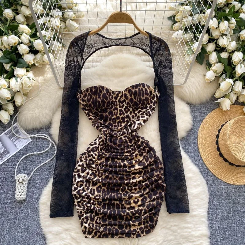 

plus Size 300 Pou Sexy Leopard Print Lace Waist Cinching Tube Top Dr Women's Faion Trendy Korean Sle Long Sve Mi...