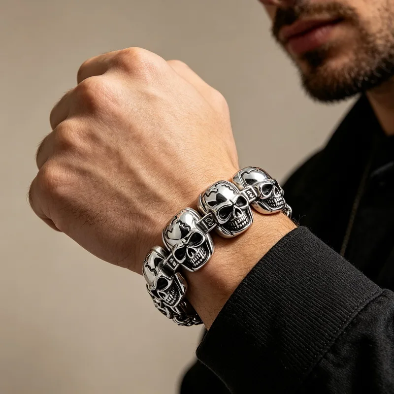 27mm Evil Ghost Head Skull Chain Bracelet Men Stainless Steel Punk Shiny Matte Biker Rock Demon Jewelry