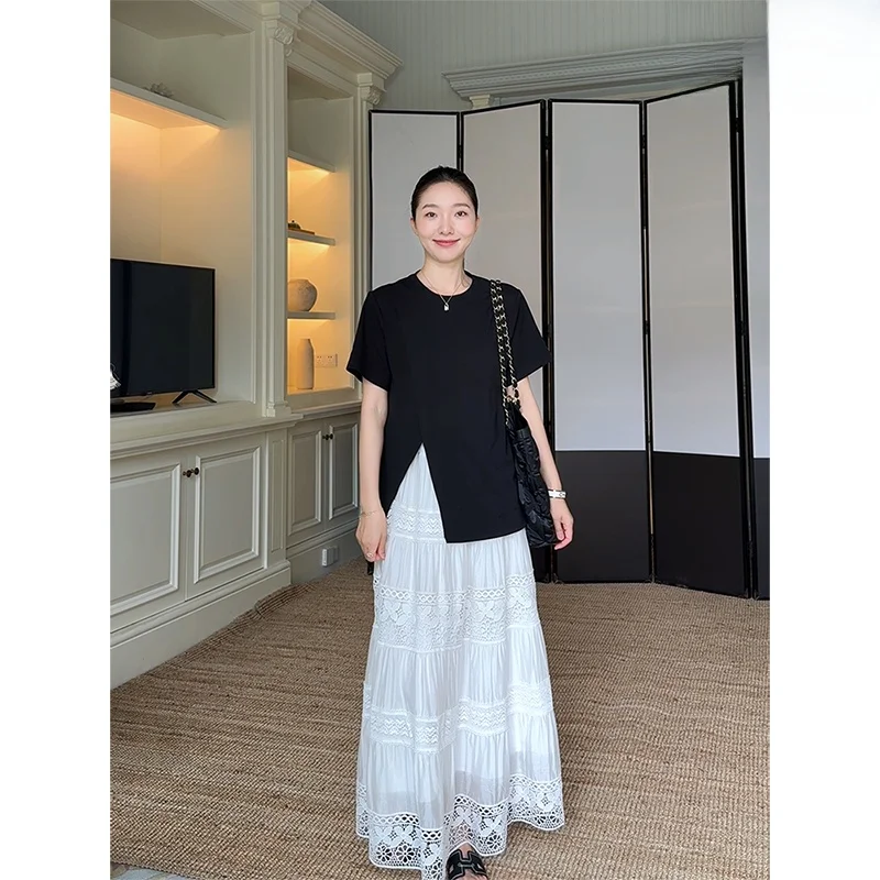 

Комплект из хлопкового топа и юбки Co99: летний, свободный крой, с обильной вышивкой и кружевом, простой, повседневный, модный