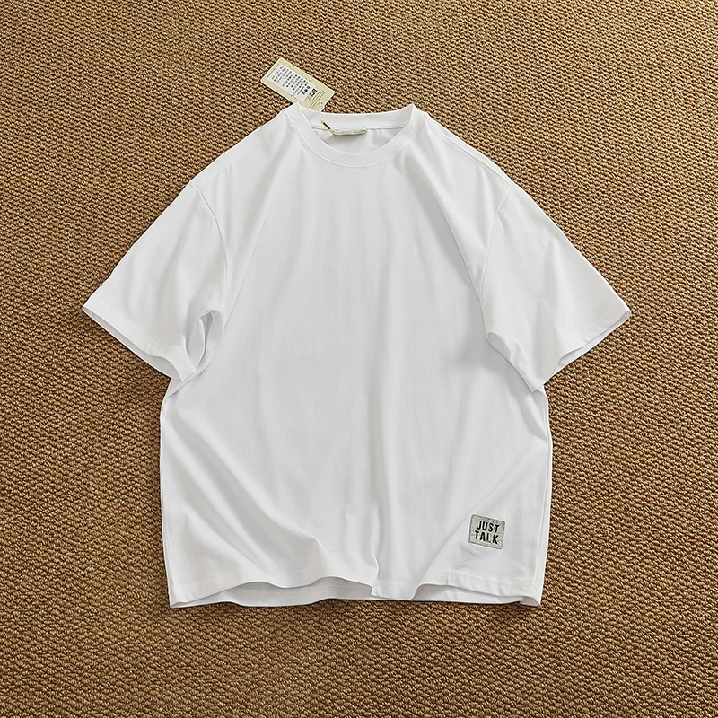 Loose off shoulder sleeve half sleeve T-shirt men simple everything round neck stamp heavy T