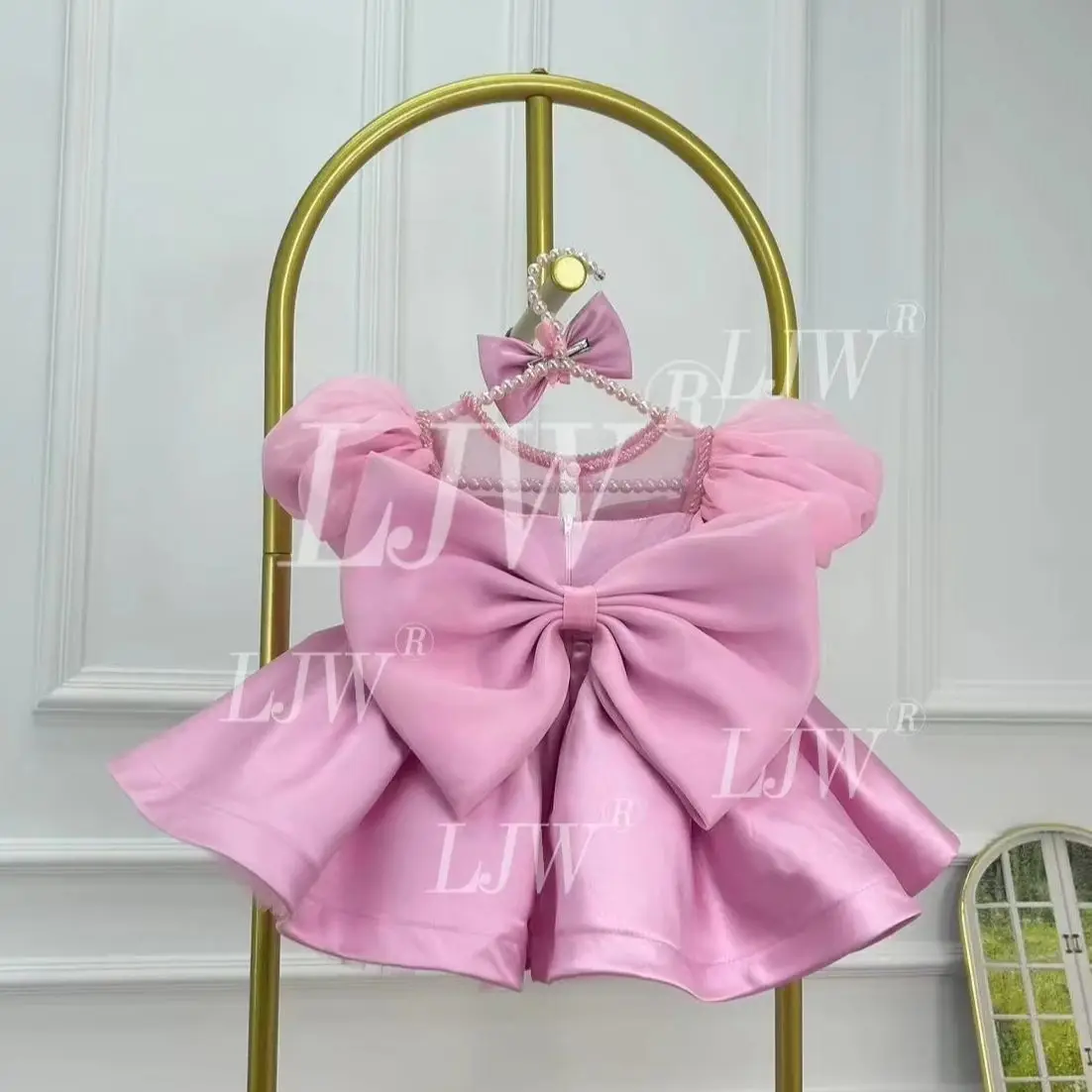Luxury Pink Satin Baby Girls Formal Dress Pearl Neck Puff Sleeve 3D Flower Front Big Bow Back Kids Wedding Baptism Party Outfit view 5