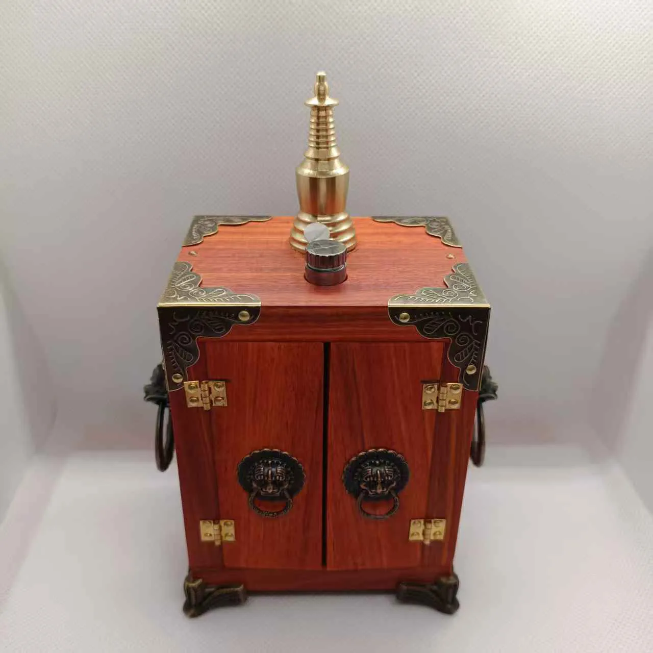 Tibetan Pagoda Supply Box Ebony Handmade Fine Workmanship with Lion's Handle Tower Top Decoration