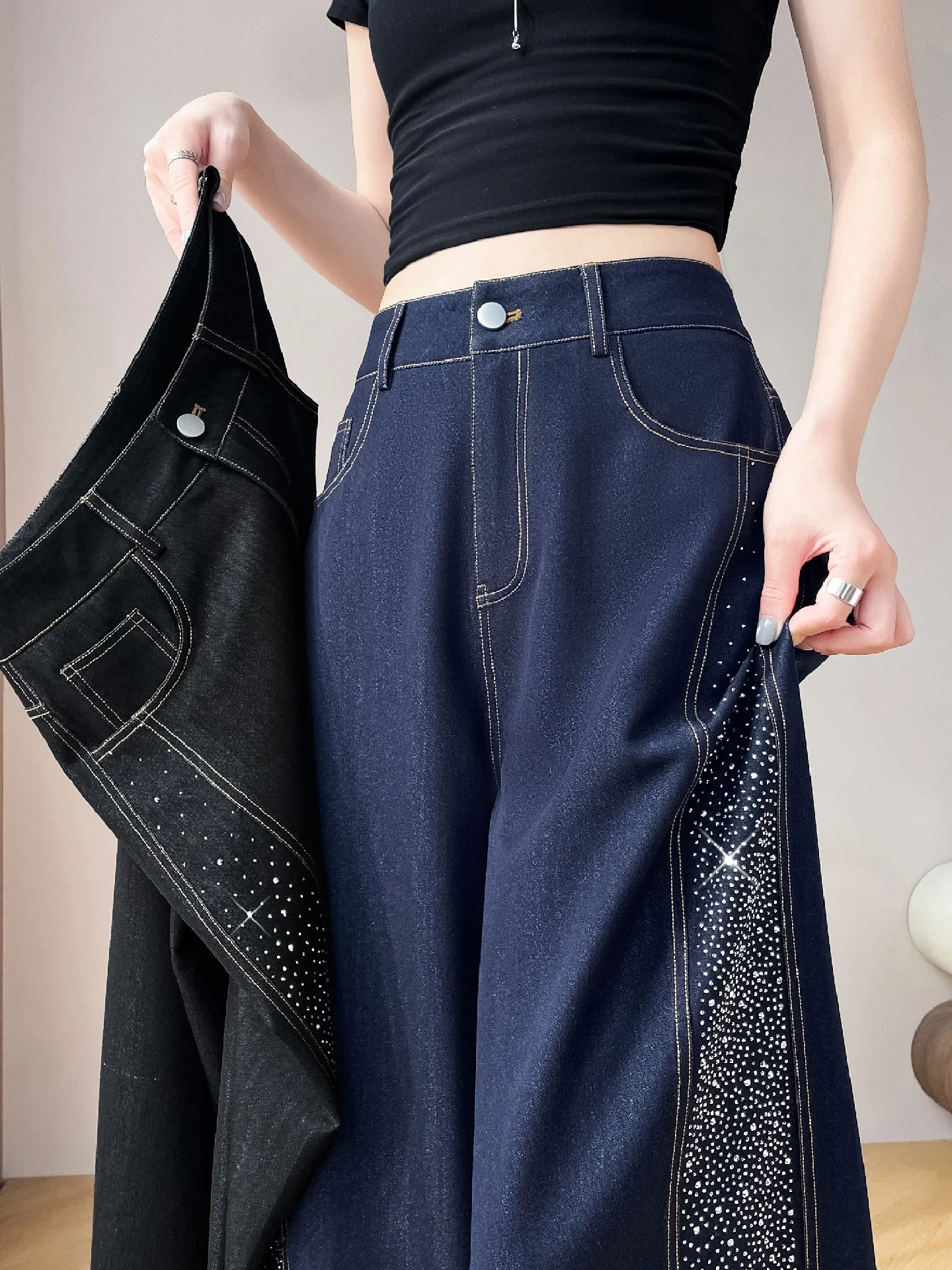 

Heavy Industry Tianxing Rhinestone Women's Jeans High Waist Casual Floor-Length Pants Versatile Summer New Sle Blue Denim