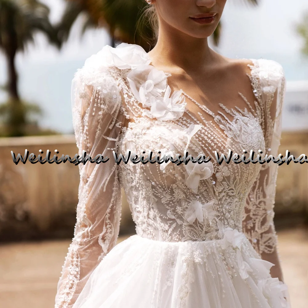 Weilinsha A-Line Boho Vestidos de casamento, Flores Beading Lace Top, mangas compridas, Vestidos de tule, Sweep Train, 2022