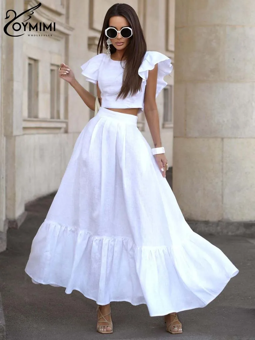 

Oymimi Fashion White 2 Piece Sets Women Outfit Elegant O-Neck Ruffled Asymmetrical Crop Tops And High Waist Loose Skirts Sets