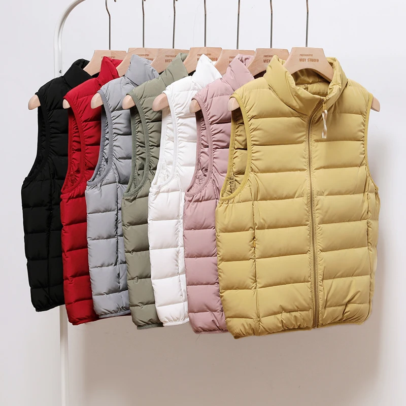 

Winter Women Light White Duck Down Vest Warm Sleeveless Waistcoat Parka Female Stand Collar Down Coat Short Tops 1131