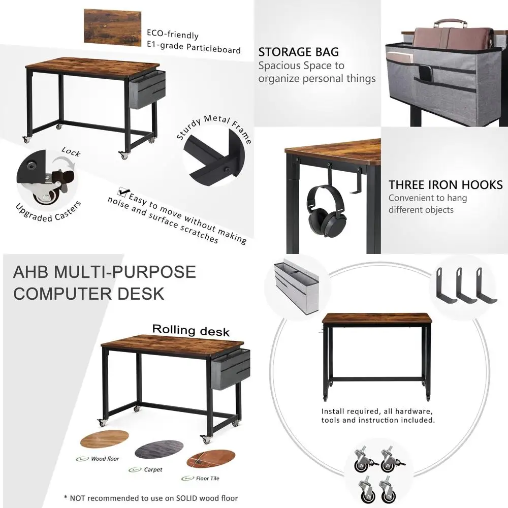 

Коричневый мобильный компьютерный стол 39 с 4 колесами, гладкий письменный стол для домашнего офиса с металлическим каркасом