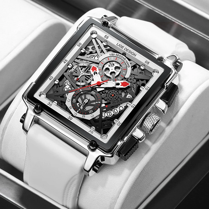 LIGE Men Watch White Fashion Silicone Square Hollow Watch Men Military Waterproof Sports Date Quartz Chronograph Montre Homme