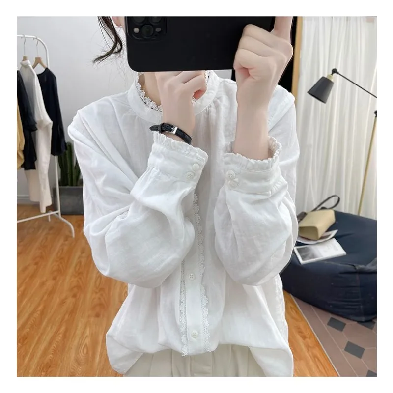 Lotus Le Sleeve Pure Cotton Long-sleeved Women's Lace Spliced Top Spring Loose Retro Stand Collar Bottoming Shirt 4