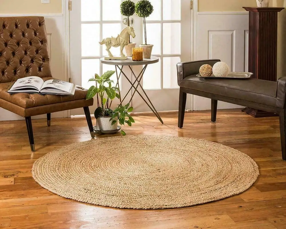 Natural Jute Rug Hand Woven Braided Home Decor Rug Two-sided Reversible