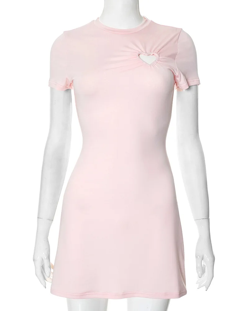 Ruched Heart Cut-Out Crew Short Sleeve A-Line Slim Mini Dress Chic Party Dress For Women Casual Summer Outfit Streetwear