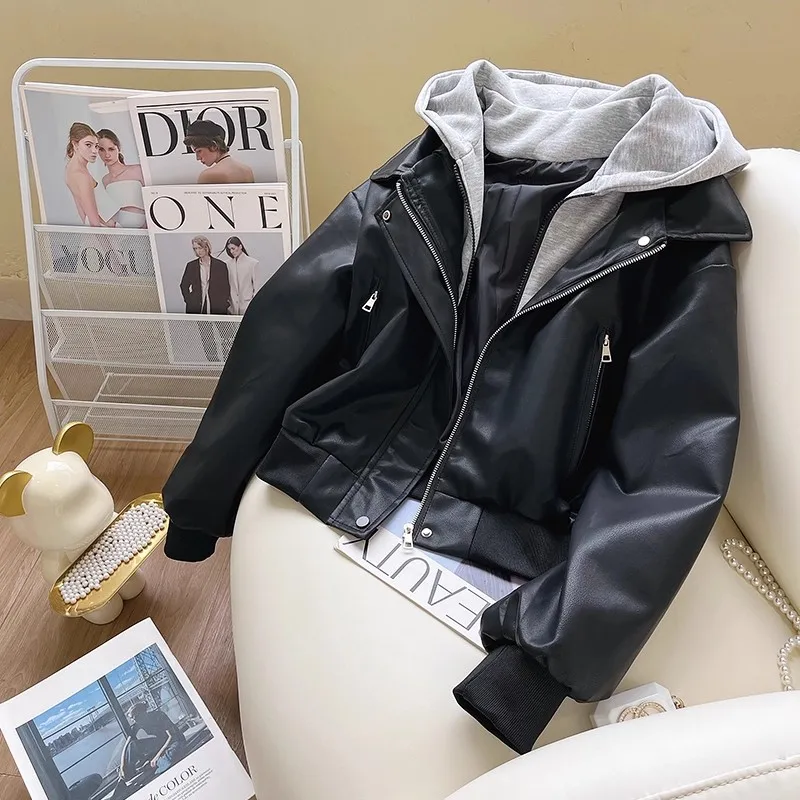 

Hooded Leather Jacket Women Autumn Winter New Korean Style Double Zipper Pockets Coats Casual Loose Vintage Fake Two-piece Tops