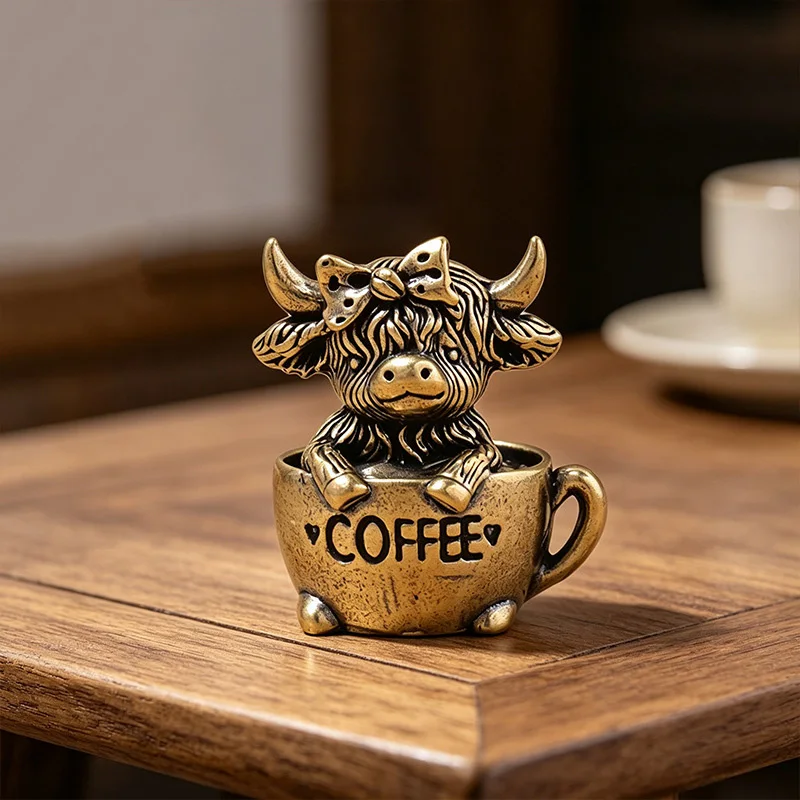  Coffee Cup Yak Small Statue Brass Highland Cow Figurines Miniatures Retro Desktop Ornaments Home Decoration Crafts Accessories