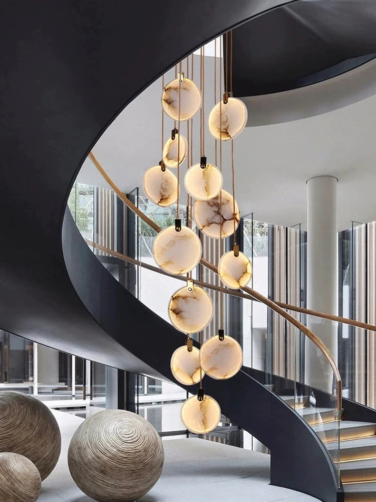 LED Spiral Staircase Long Pendant Light Creative All Copper Marble Lamp Chinese Villa Living Room Loft Hotel Lobby Pendant Light