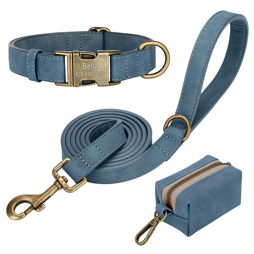 Benutzerdefinierte Hundehalsband Leine Tasche Set personalisierte PU Leder Hundehalsbänder Vintage Haustier Schnalle Halskette mit Bleikot Tasche für Hunde Mops – Detail 4