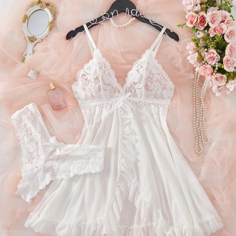 Sexy Lingerie Set Women Erotic Bra Nightdress Sexy Lace Sleepwear Solid Slim Soft Dresses V Neck Full Slip Sleepwear & Dresses image 6