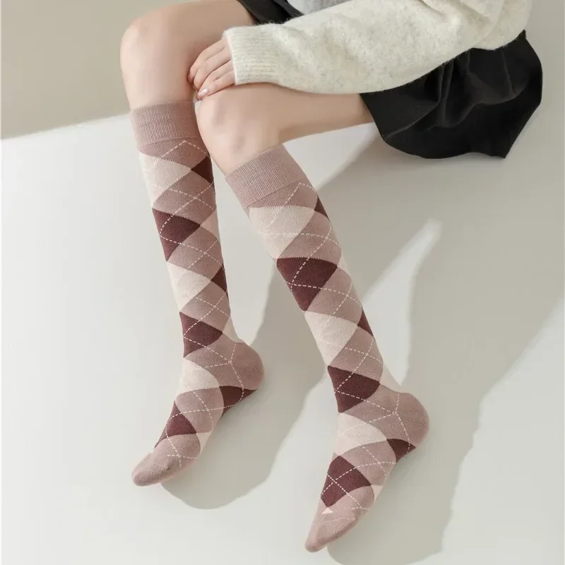 Wool Cashmere Socks Stockings Women Autumn Winter Thick Warm Knee Socks College Style Plaid JK Girls Long Socks Women Stockings