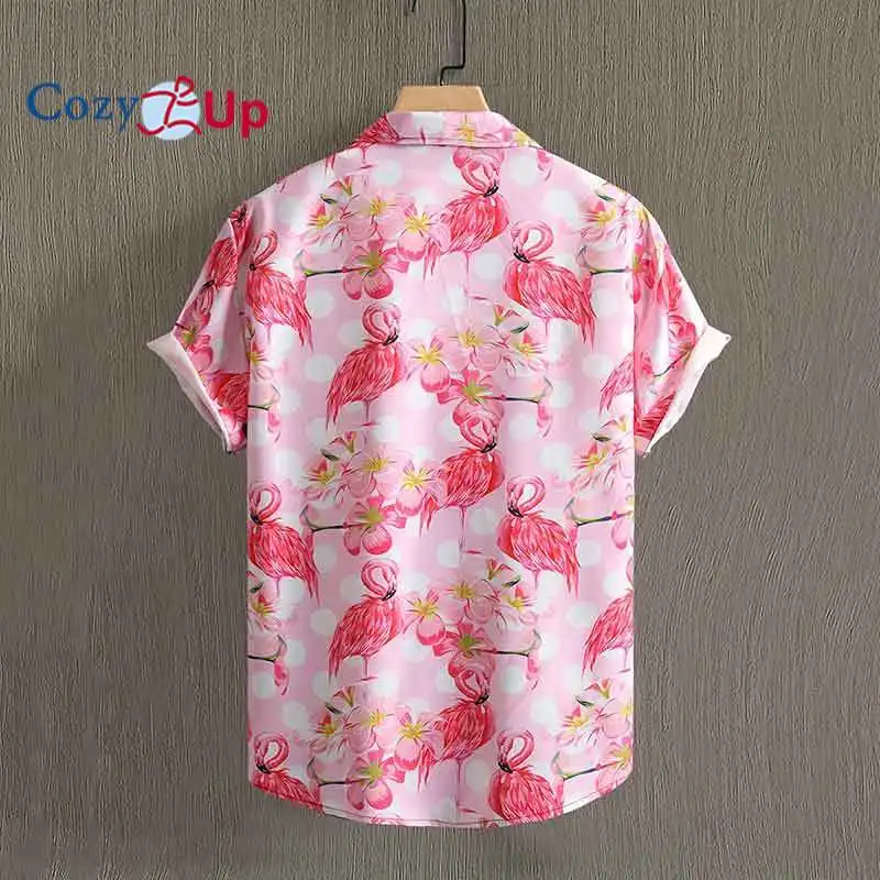 Flamingo Pattern Casual Short Sleeve Shirt, Men's Hawaiian Shirt For Summer Vacation Resort