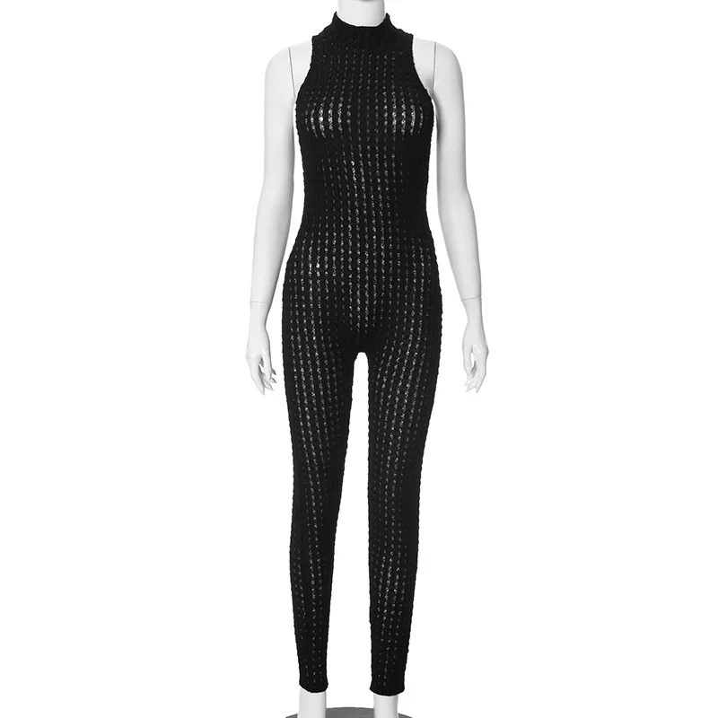 BKLD Women Clothing Summer New Solid Color Mesh Jumpsuits Sleeveless Stand Collar Sexy Slim Fit Long Pants One Pieces Jumpsuit