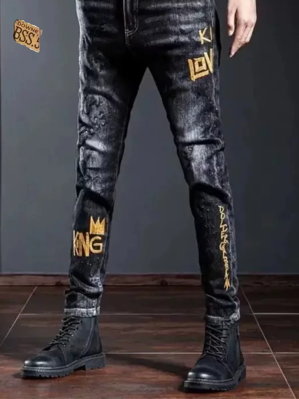 

Ele Bla мужские облегающие джинсы с вышитым принтом, эластичные длинные брюки, модные хлопковые эластичные джинсовые брюки со средней талией, молодежная осень