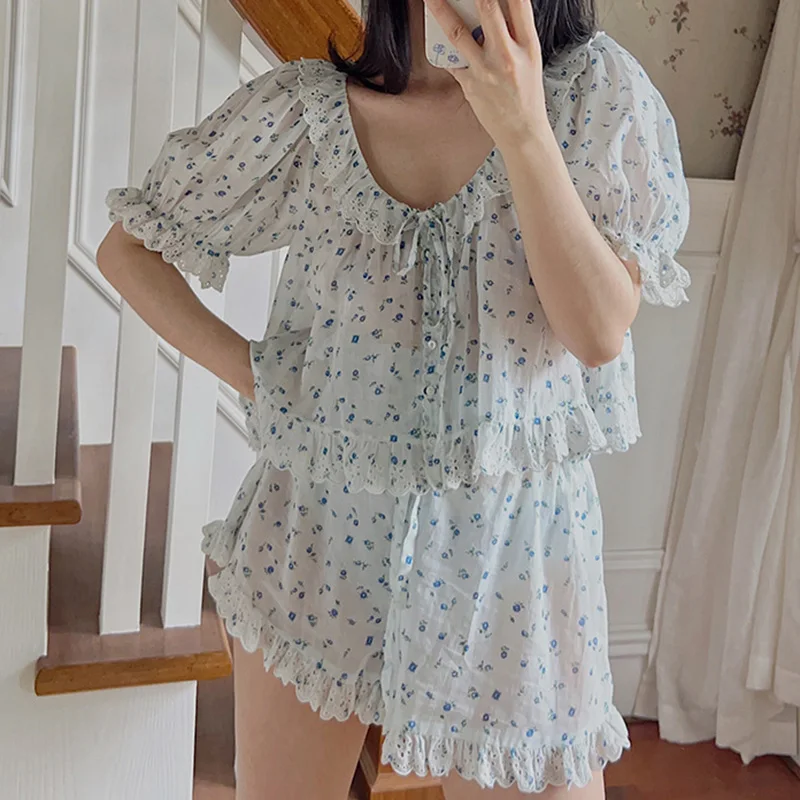 

Retro Blue Rose French Girl Sweet Short Sleeve Home Clothes Set Summer Women Pajamas Cute Girls Nightwear