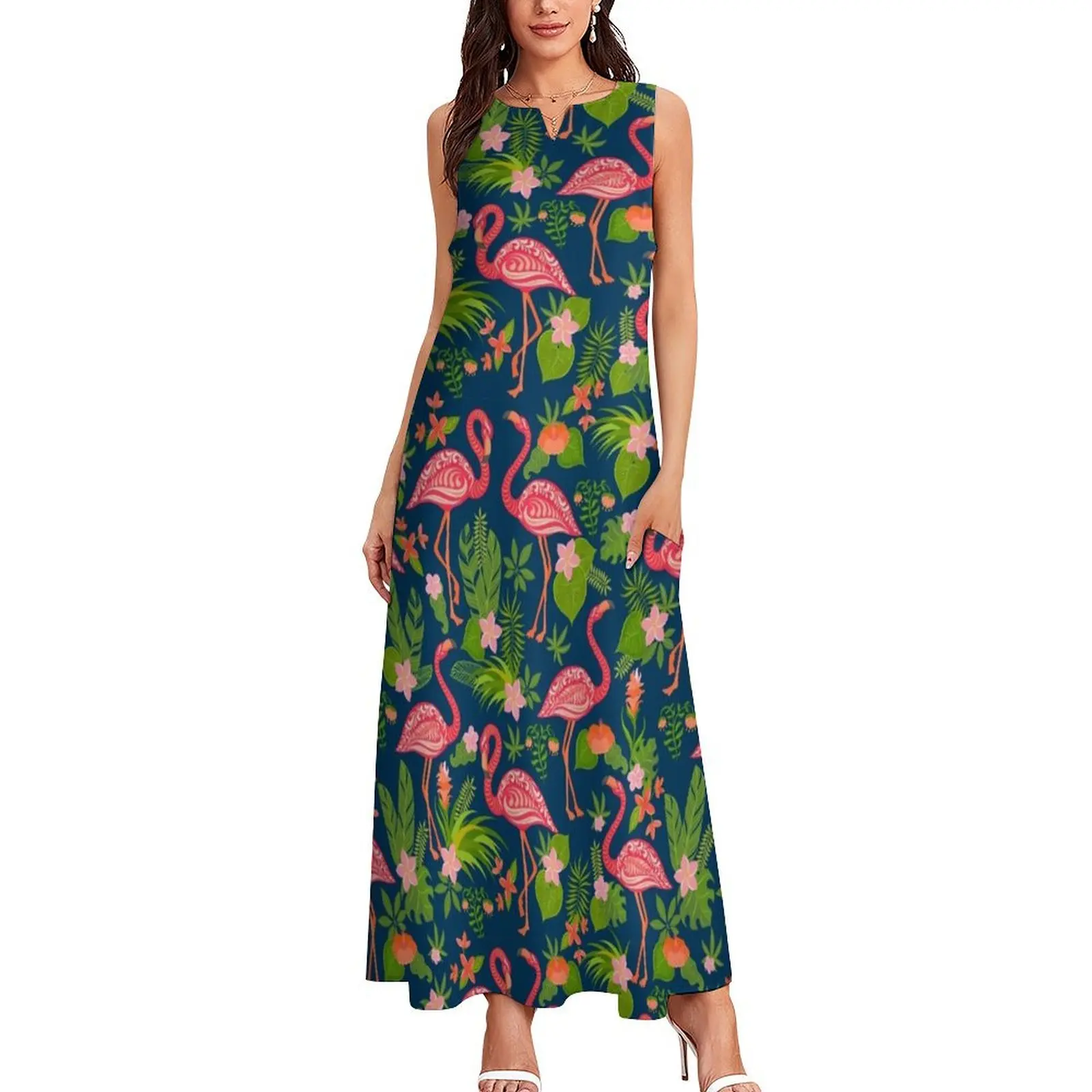 Decorative seamless pattern with flamingo, tropical flowers and leaves. Long Dress Women's summer dress Dress